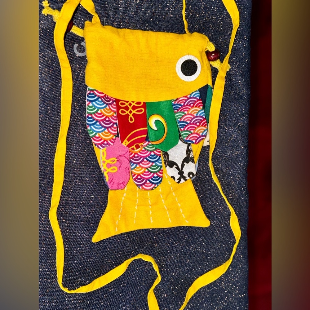 Cute, handmade Asian patchwork fish purse, bag. Drawstring closure, strap, vegan